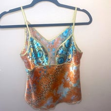 Y2K Silky Vintage Top Orange and Blue with Gold Trim #y2k #vintage #y2ktop