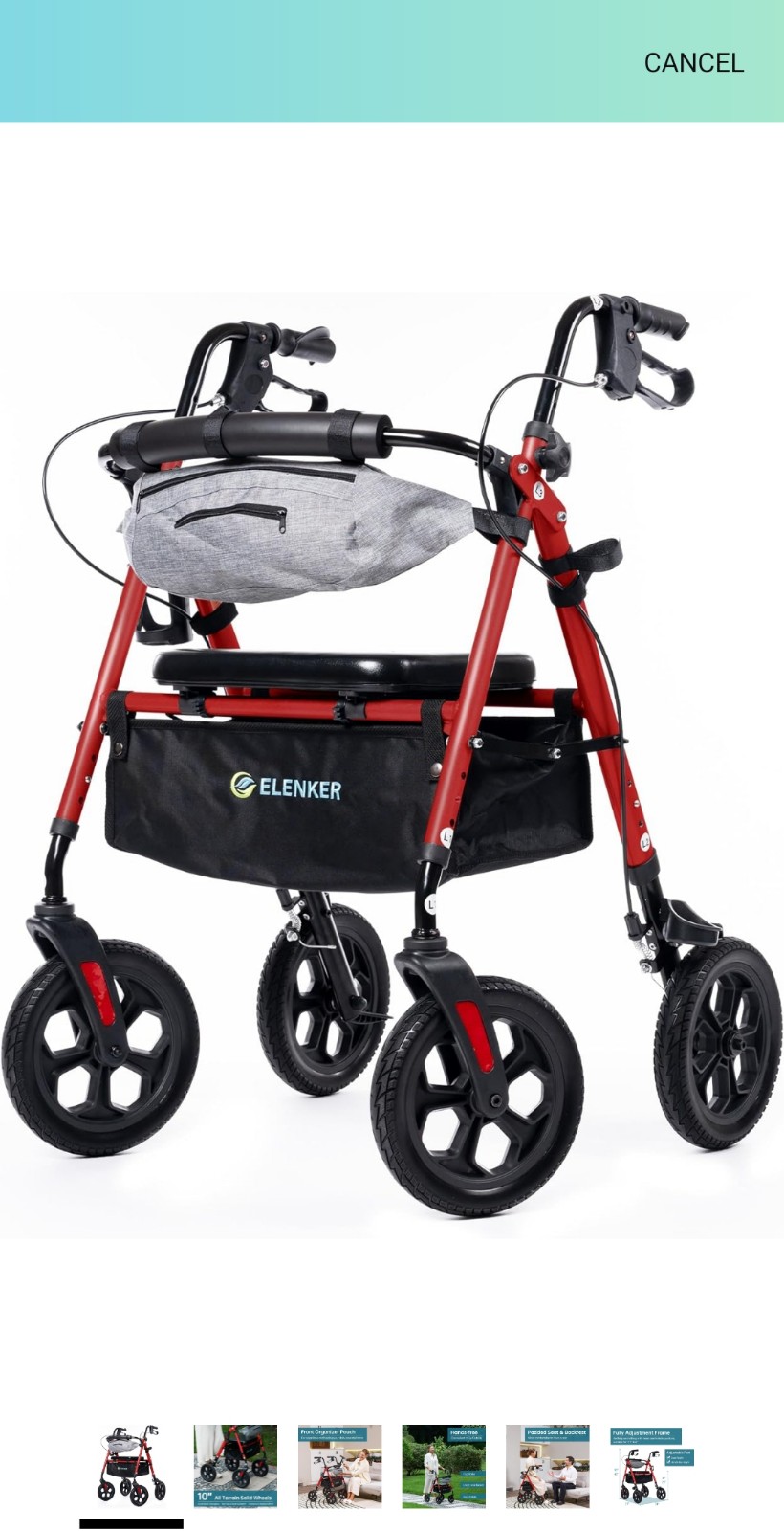 Walker All-Terrain Rollator Storage Front Pouch 10” Wheels Sponge Padded Seat