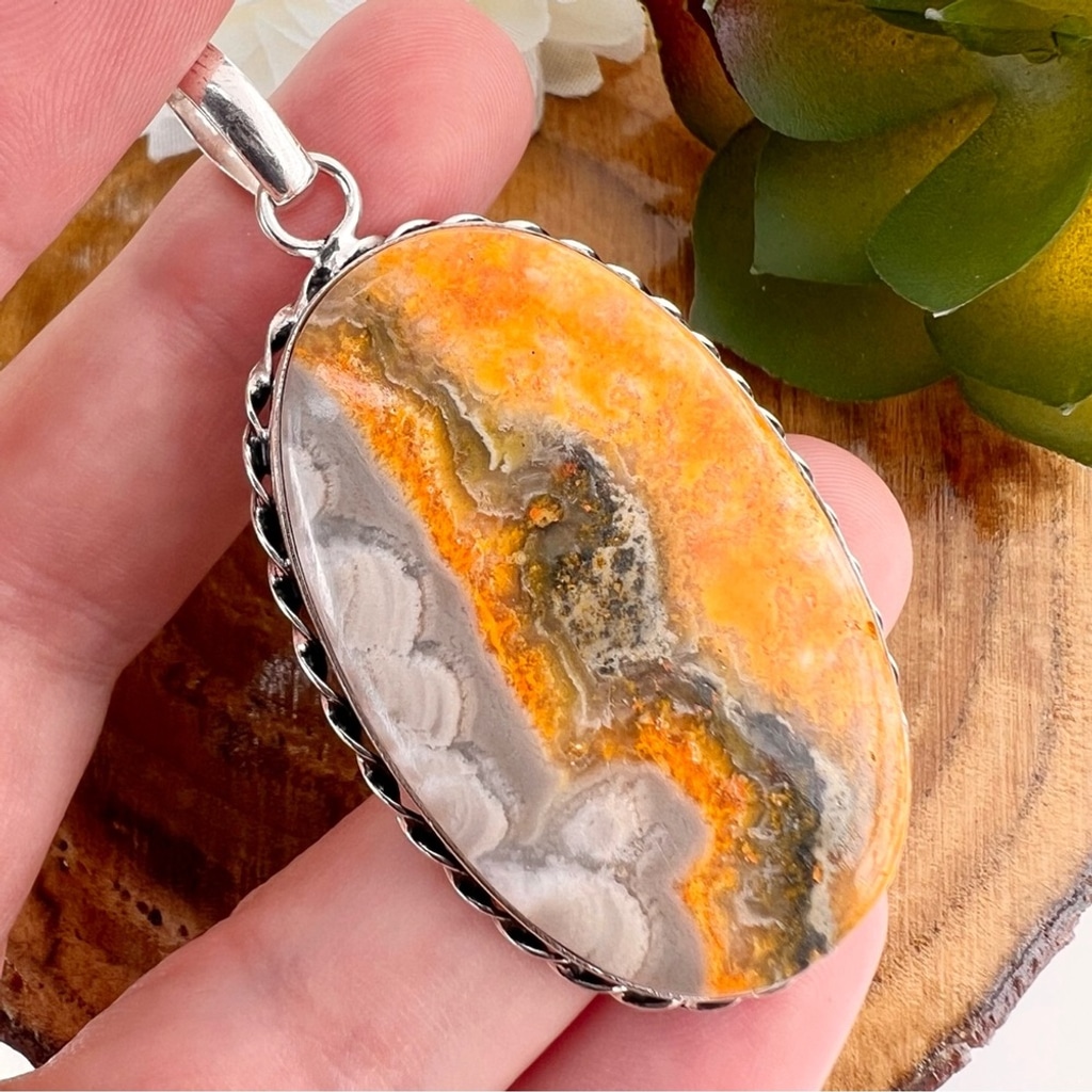 Large Bumble Bee Jasper Pendant Solid Sterling Silver 925 Oval Southwestern New