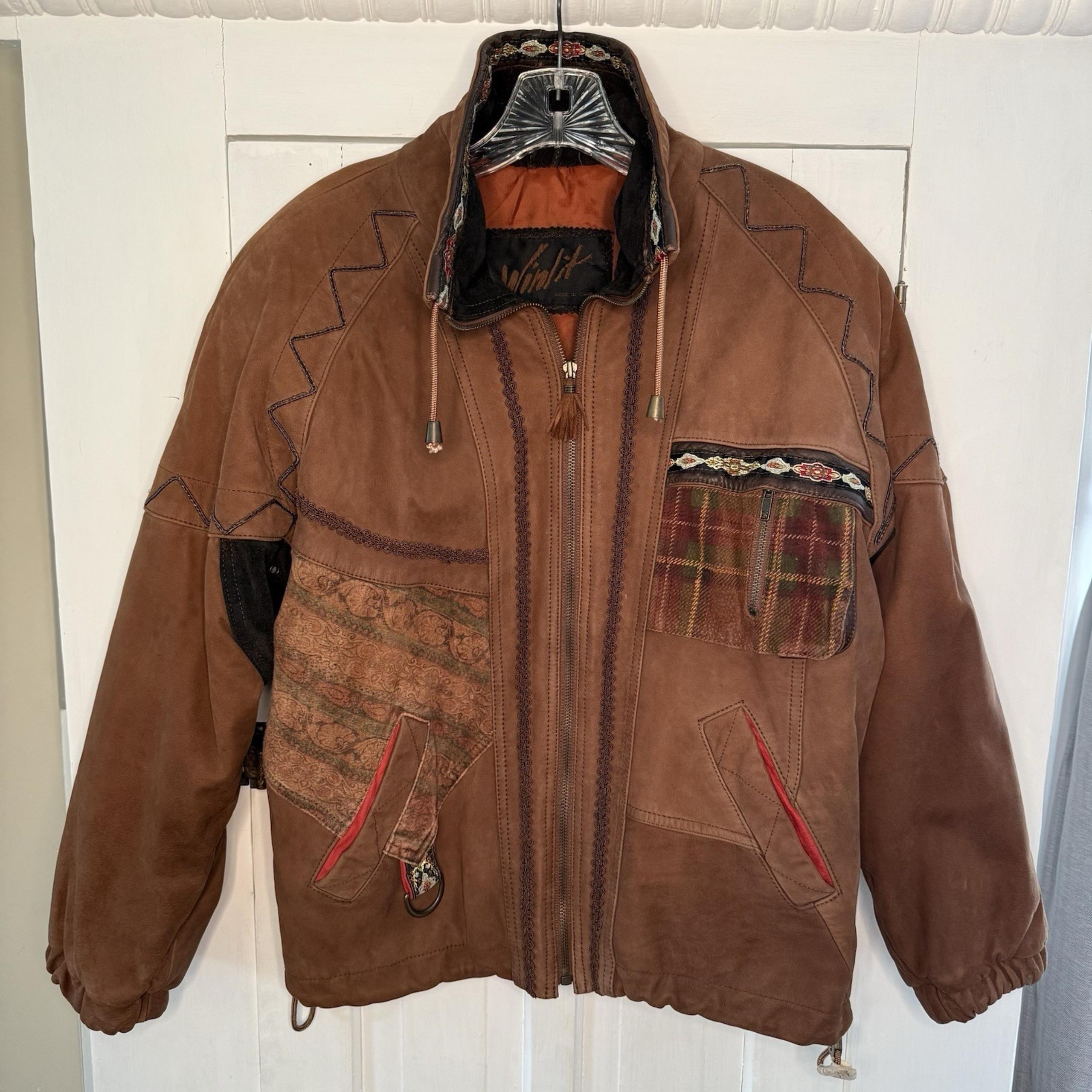 Vintage Leather Coat Size Small Patch Design Winlit Brown Jacket Women's BOHO