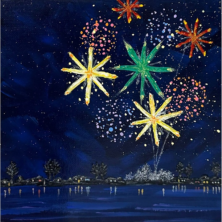 Celebrate 2 - Fireworks Acrylic Painting by Deb Bossert Artworks - 8 x 8