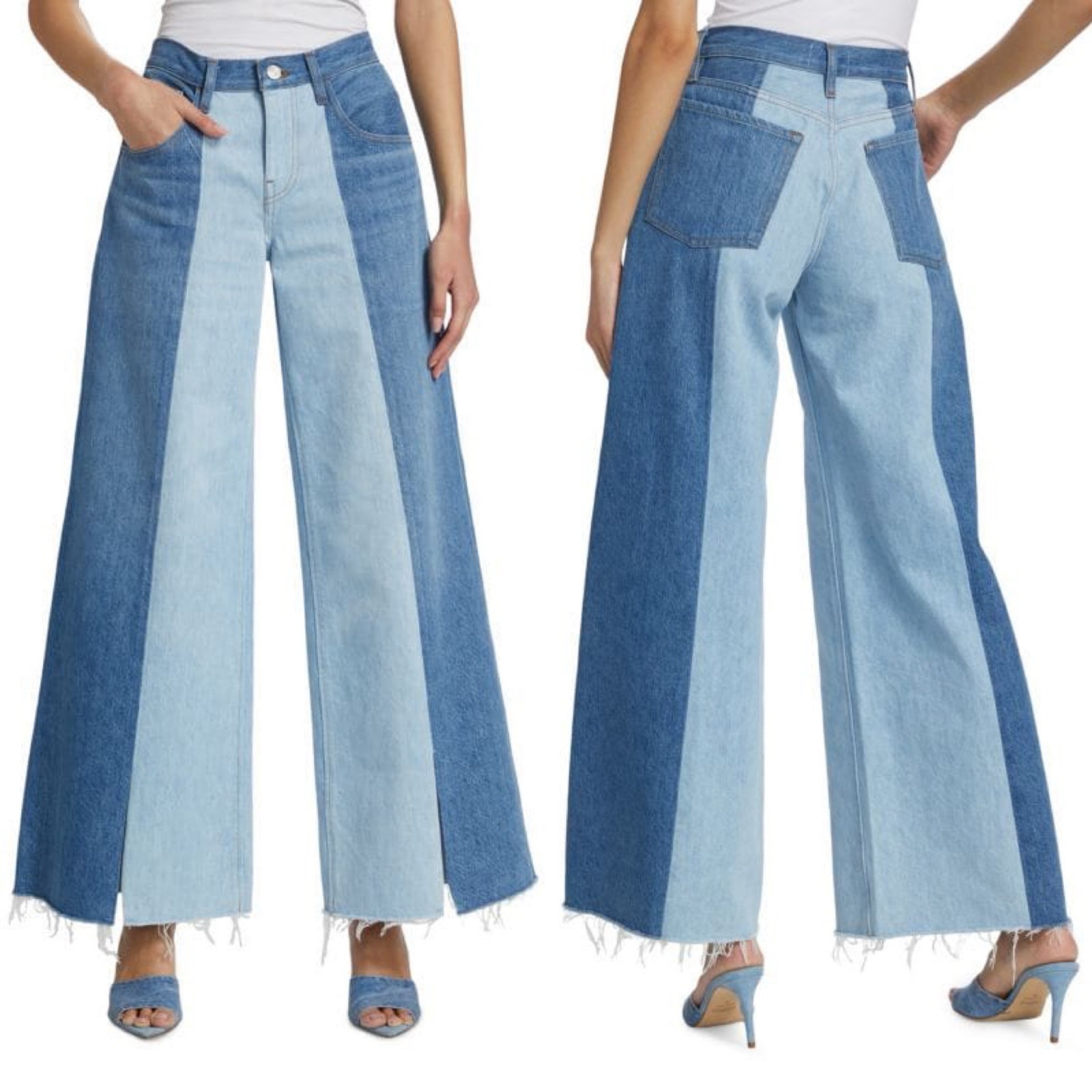 Frame Mid Rise Two Tone Wide Leg Split Hem Jeans Blue Denim Size 25
