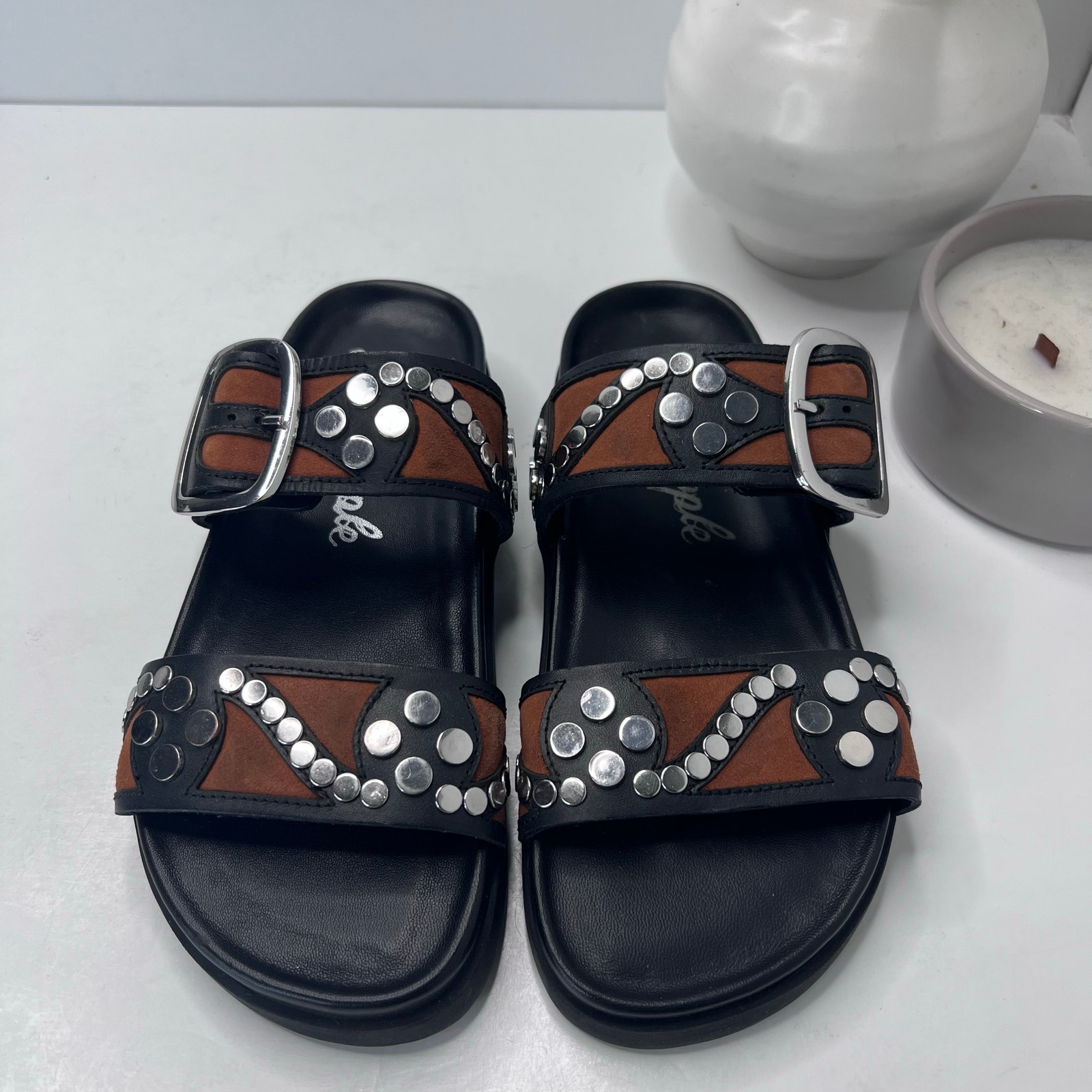 Free People Revelry Leather Studded Sandal Buckle Black/Tan Women 6 Tried On