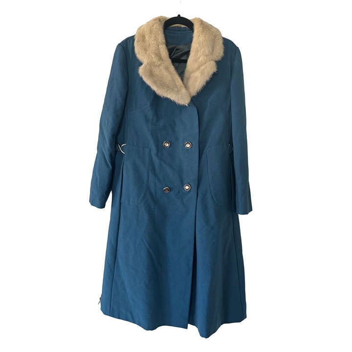 VINTAGE Blue Fur Collar Jacket Coat Small Size Small