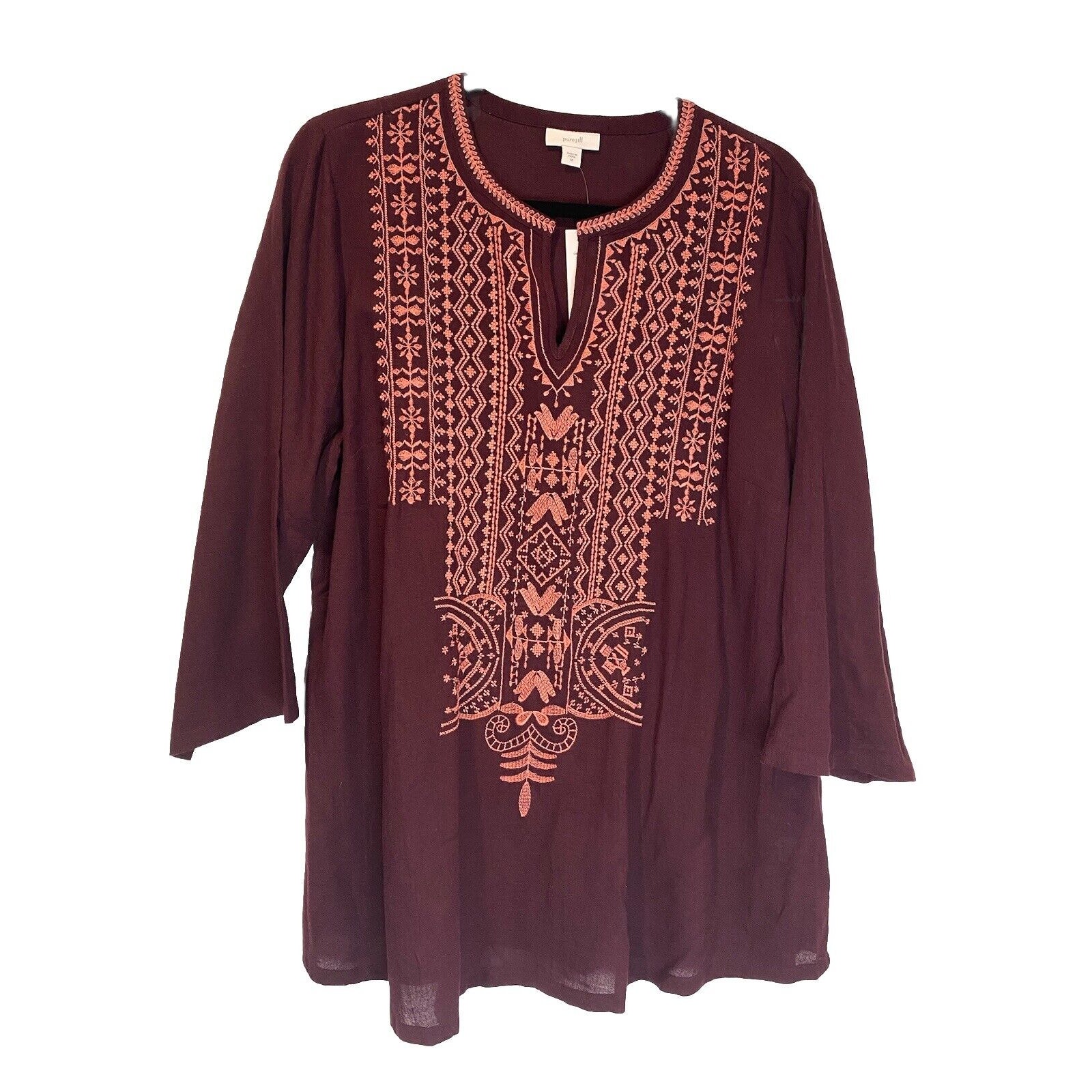 NEW J Jill Pure Jill Tunic Womens Medium Burgundy Embroidery 3/4 Sleeve Flowy
