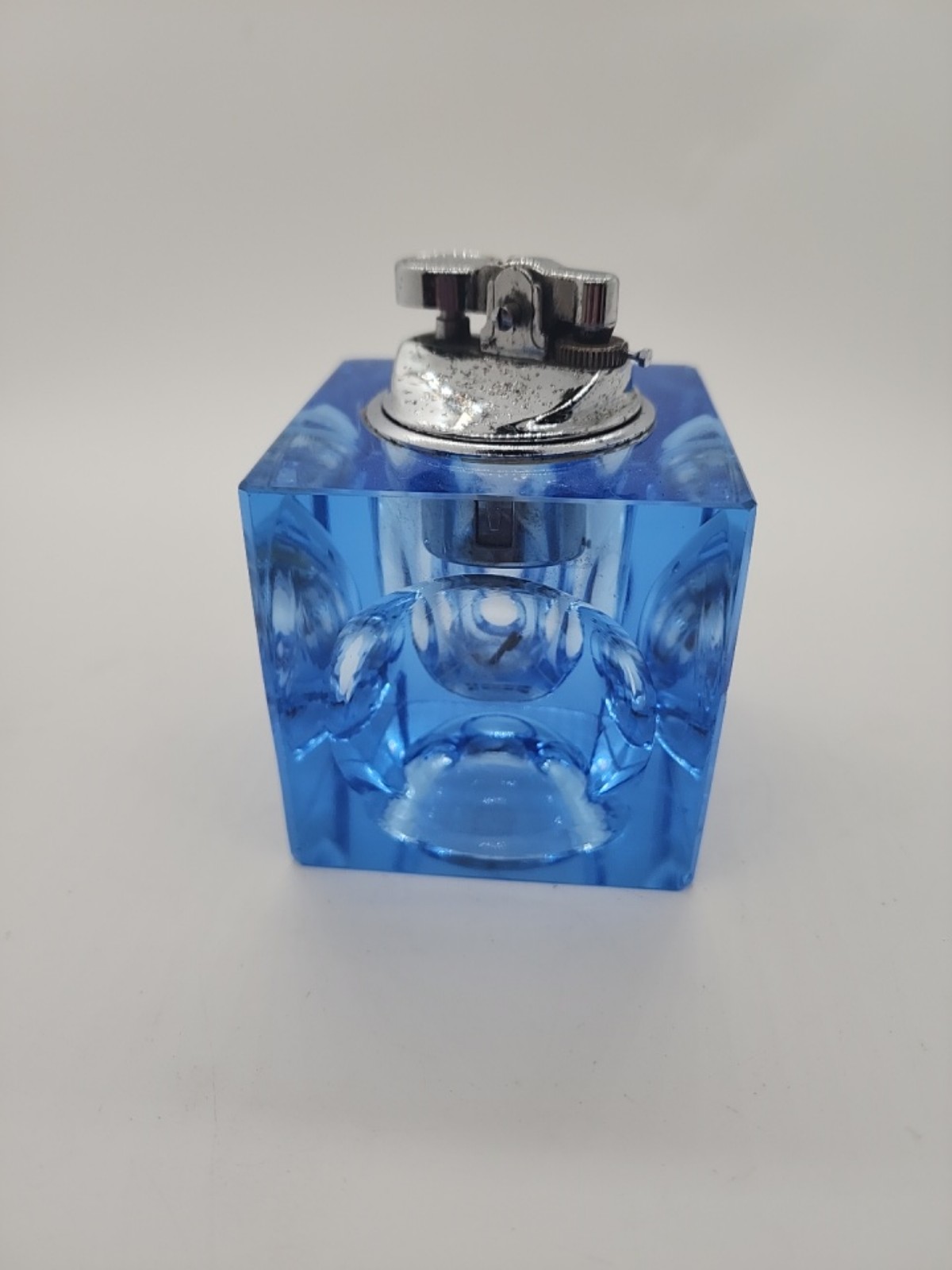 Vintage KOEI UNICON Blue Glass And Metal Cube Empty Table Lighter. Japan.