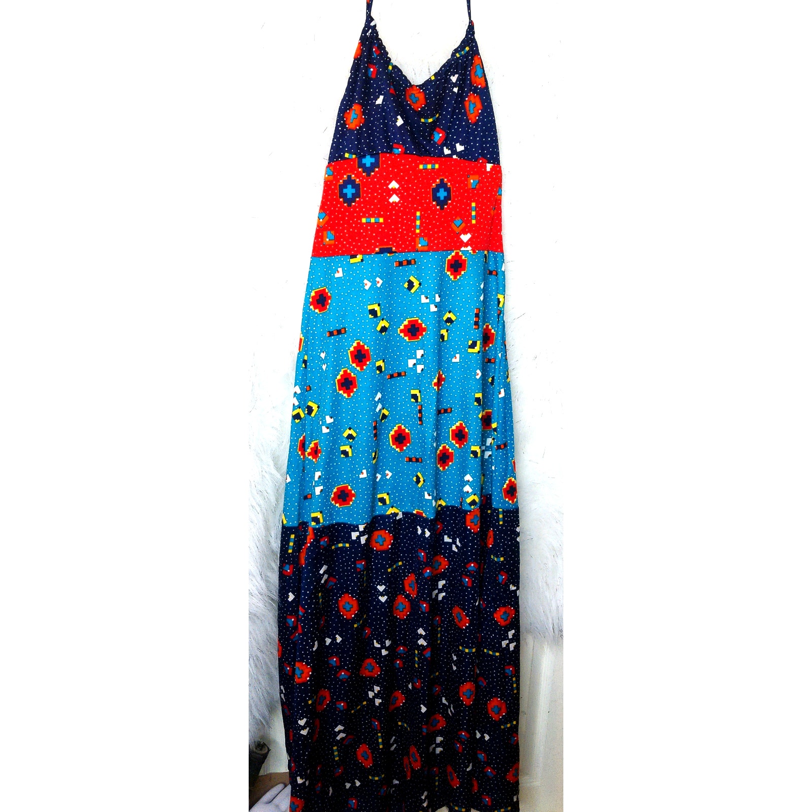 The Red Eye Spaghetti Strap Halter Colorful Patchwork Maxi Sundress Size 5