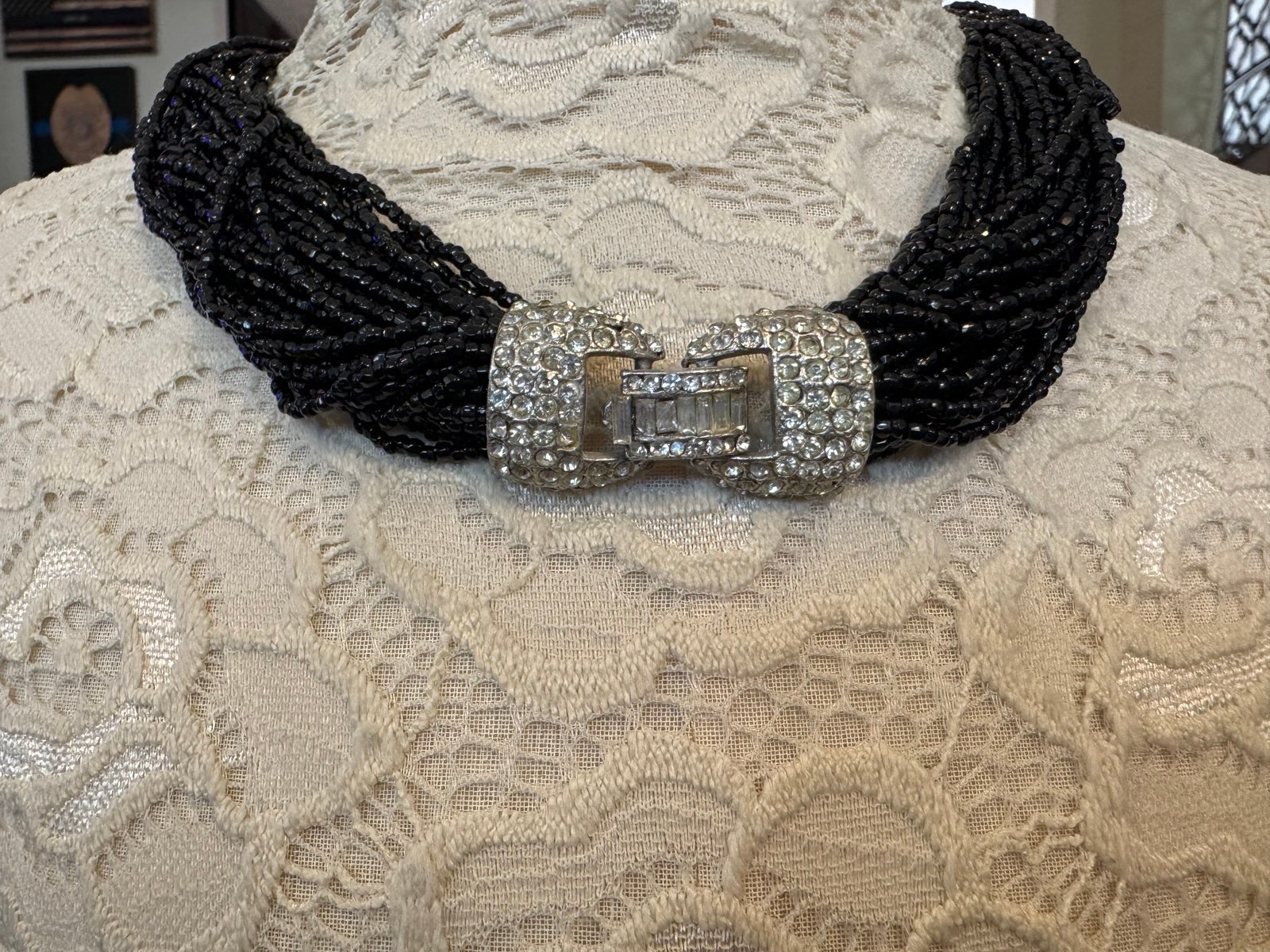 Vintage Art Deco Necklace, 30 Strand Seed Bead Crystal Buckle Bow Necklace