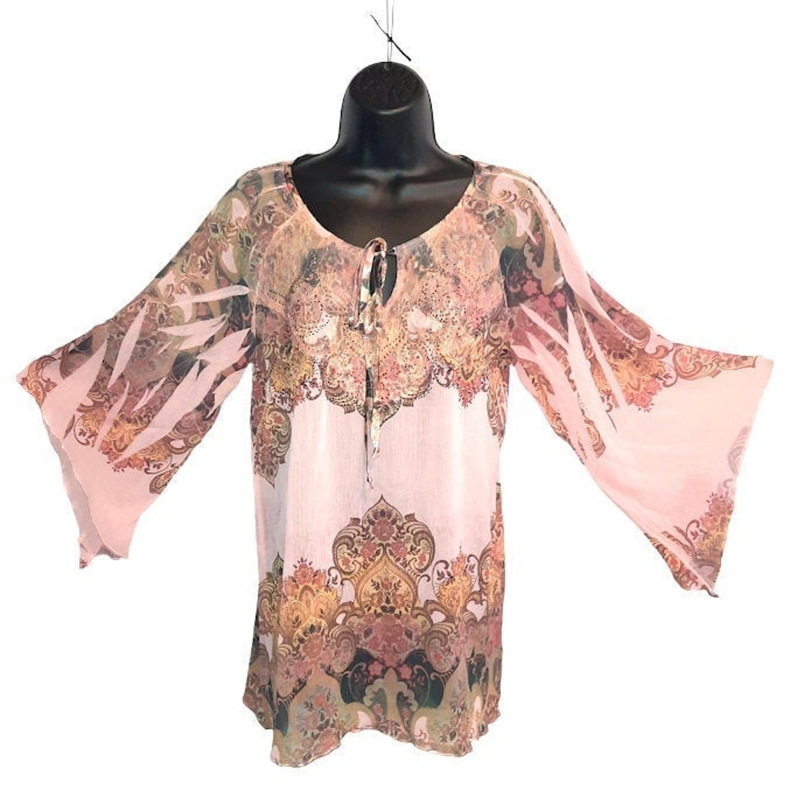 B.L.E.U. Women Medium Floral Paisley Rhinestones Kimono Sleeve Coral Blouse Top