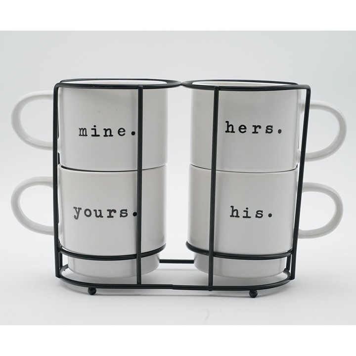 Nicole Miller White Stackable Ceramic 4 Mugs with Metal Stand Set