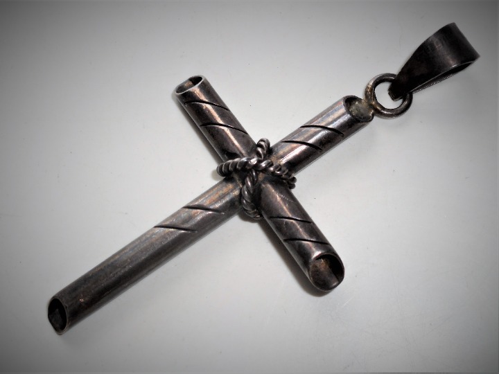 Vintage Mexico 925 Sterling Silver Large 3.5 Inch Ornate Tube Cross Pendant