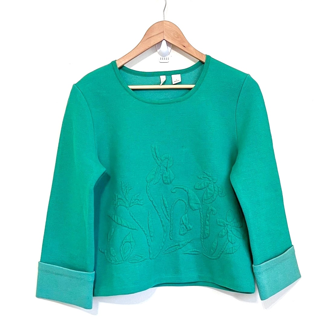 Anthropologie Moth Knit Shirt Sweater Size 8 Green Floral Boho Boxy Lagom Artsy
