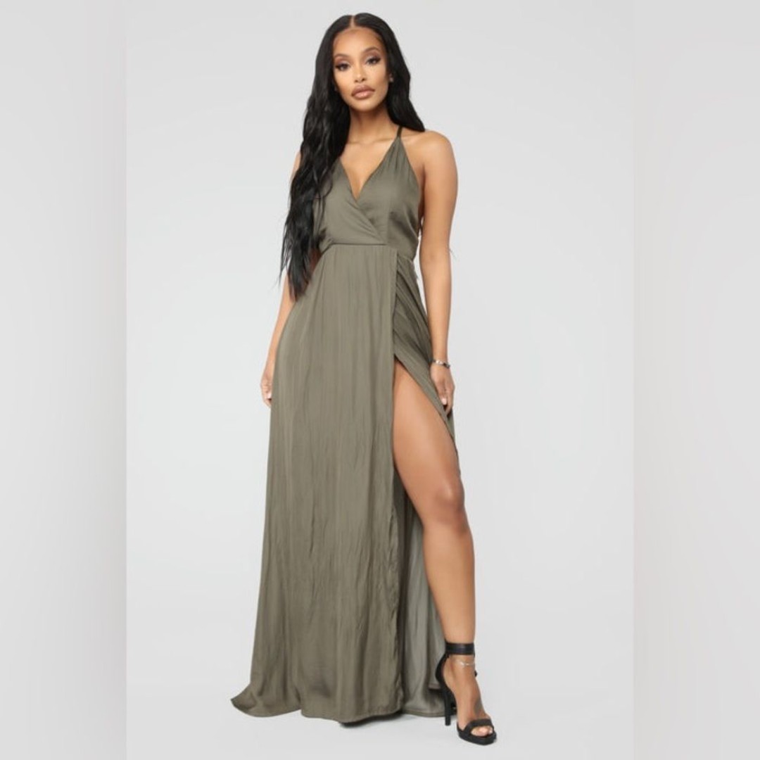 Fashion Nova Lust Satin Maxi Dress - Olive Deep V Slit size Medium