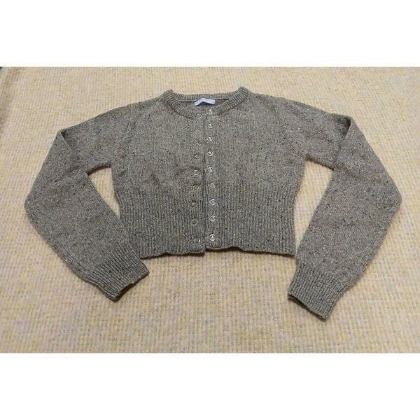Letter from moon Korean womens medium cropped wool cardigan sweater tan
