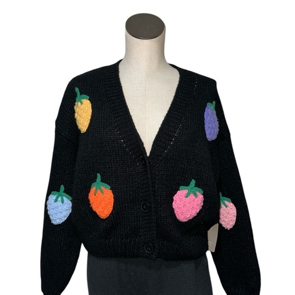 NWT Luna Ivy Strawberry Crochet Cardigan Black Oversized Multi Medium