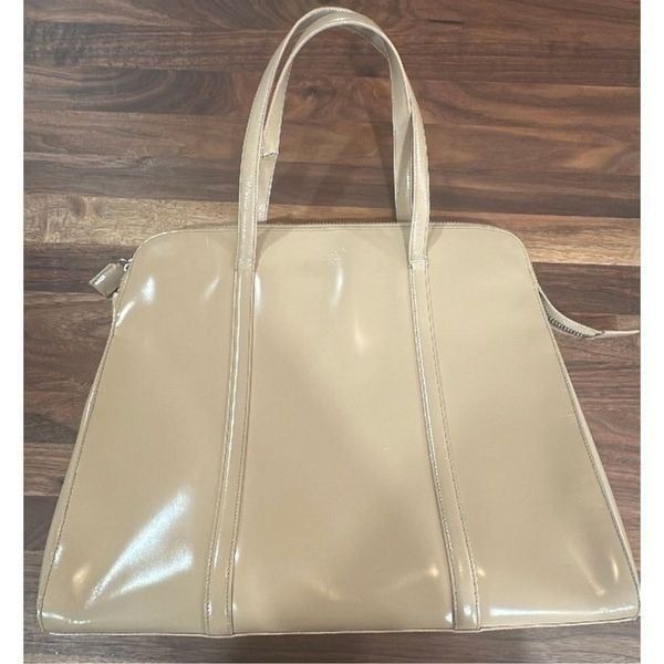 Prada Zip Tope Tote Bag Large Beige Glossy Leather Luxury Summer Coastal Italian