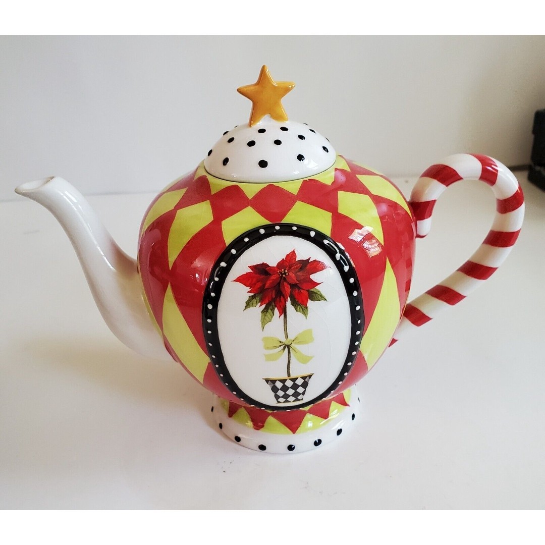 Sandy Clough Christmas Joy Harlequin Designer Porcelain Tea Pot Poinsettia