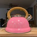 ❤️THE CUTEST TEA KETTLE❤️PINK WITH WHITE HEARTS W/METAL AND WOOD TRIM❤️