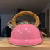 ❤️THE CUTEST TEA KETTLE❤️PINK WITH WHITE HEARTS W/METAL AND WOOD TRIM❤️