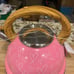 ❤️THE CUTEST TEA KETTLE❤️PINK WITH WHITE HEARTS W/METAL AND WOOD TRIM❤️