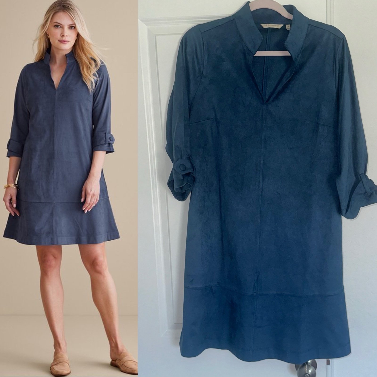 Soft Surroundings M Blue Stretch Rani Faux Suede 3/4 Button Sleeve Midi Dress