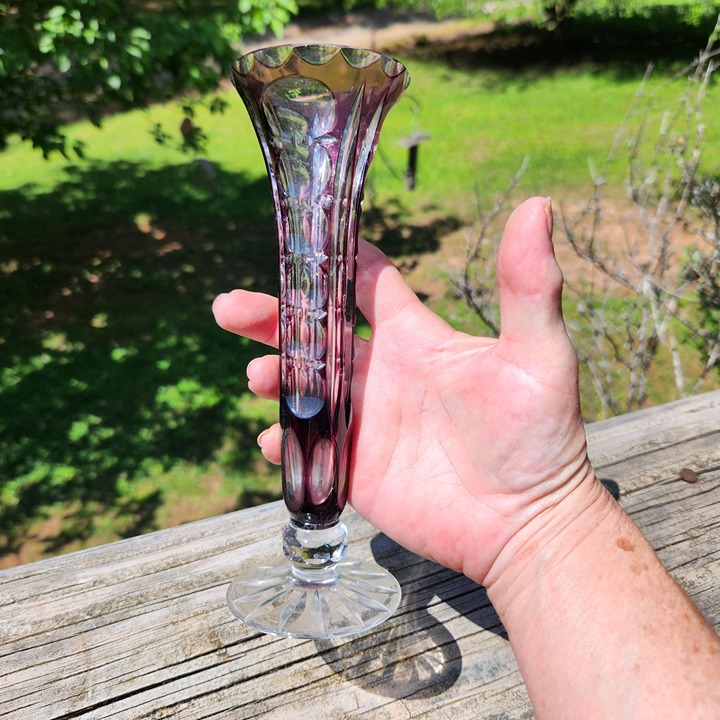 Vintage German Nachtmann Amethyst Cut Crystal Bud Vase 7.5 Tall Elegant Collect
