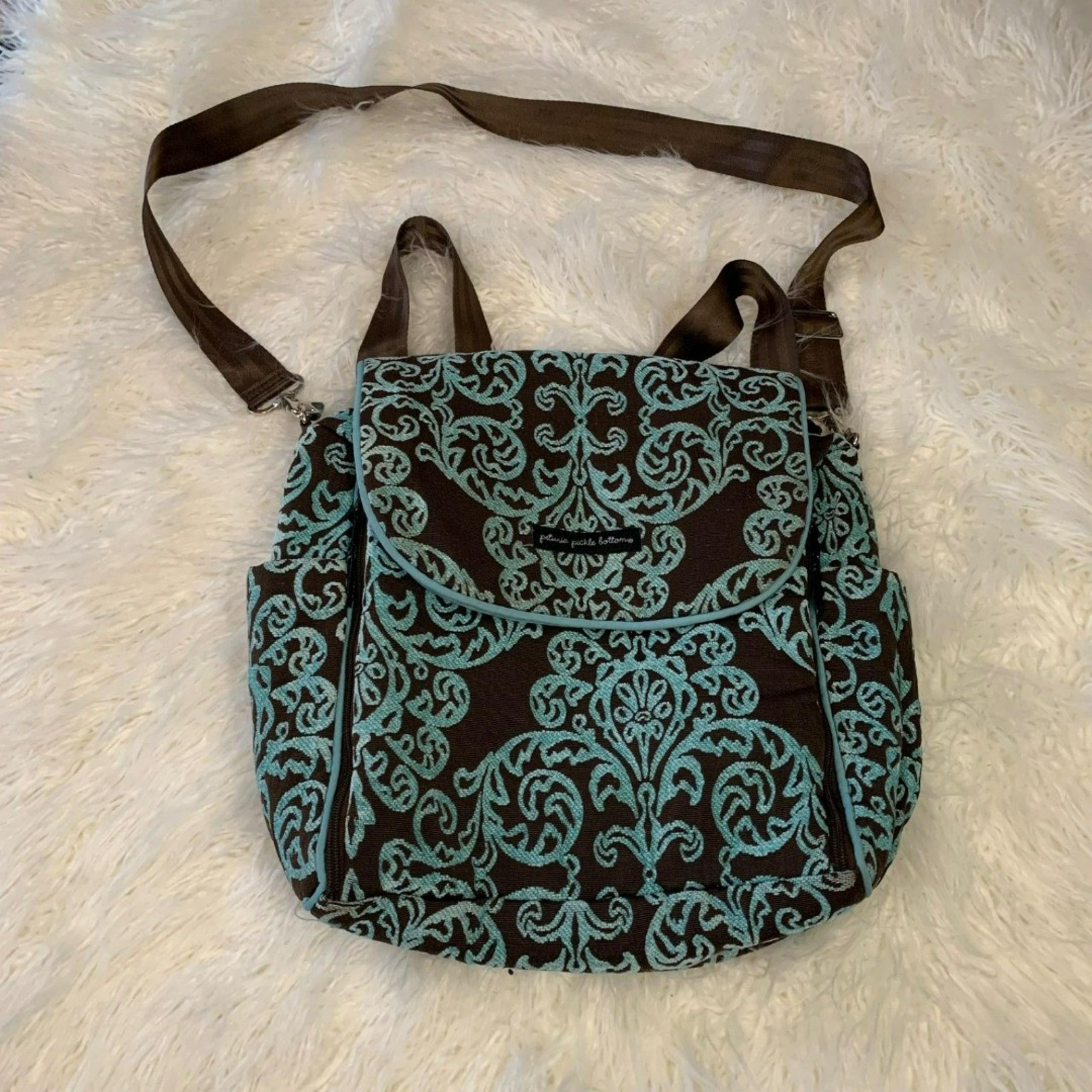 Petunia Pickle Bottom Brown Turquoise Diaper Bag Baby Chic Tapestry Tote