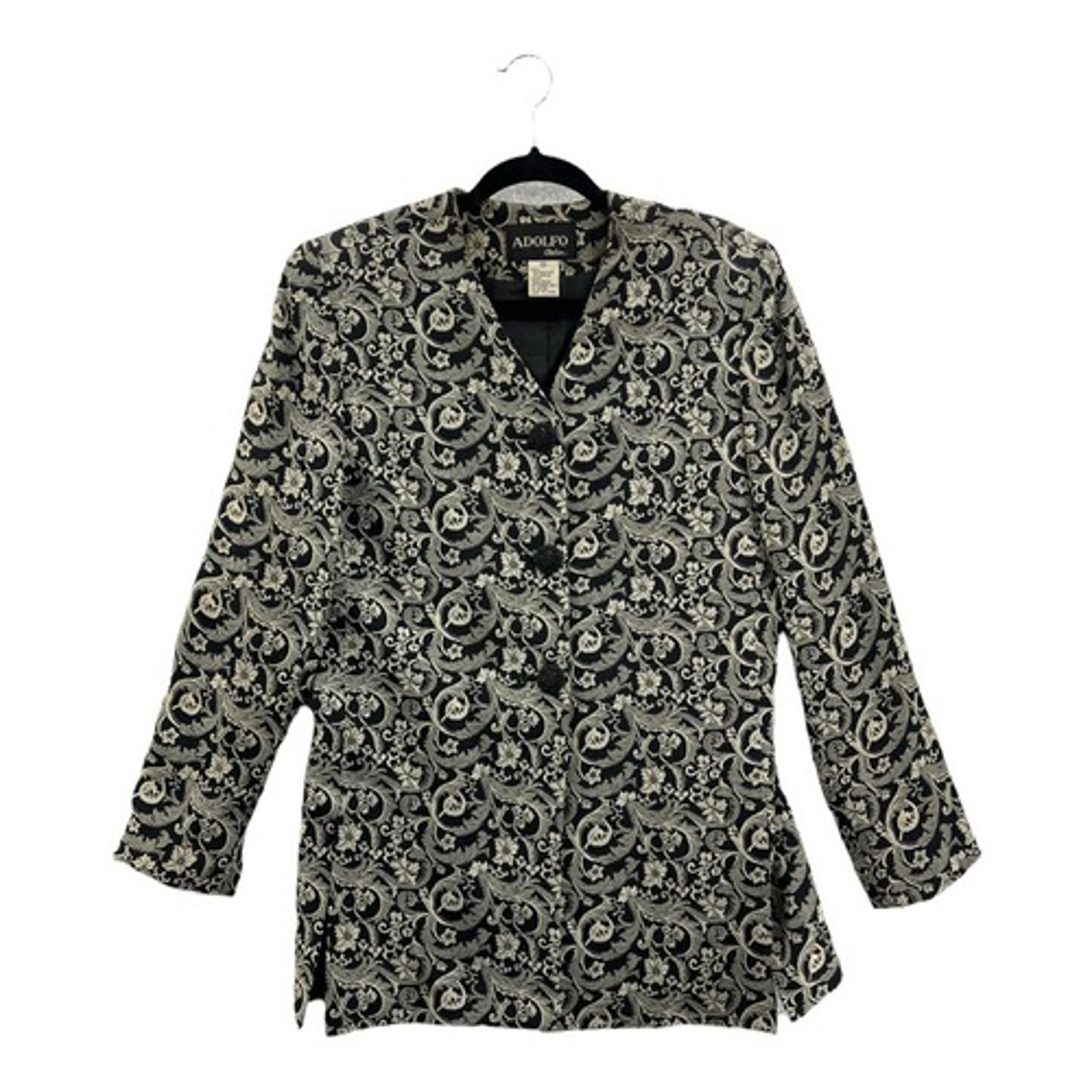 Adolfo Atelier Womens Blazer Black Floral Embroidered Lined Side Slit V Neck 10