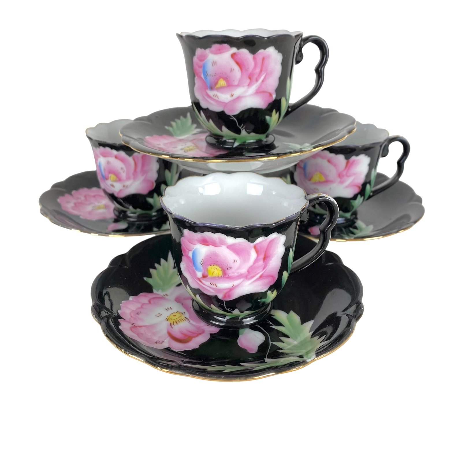 Ohashi China K Handpainted Demitasse Set 4 Black Roses Saucers Cups Japan