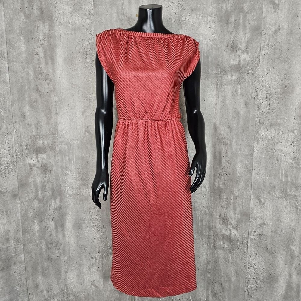 Vintage 70s Jody T Womens M Rust Red Silesia Disco Shiny Midi Day Dress
