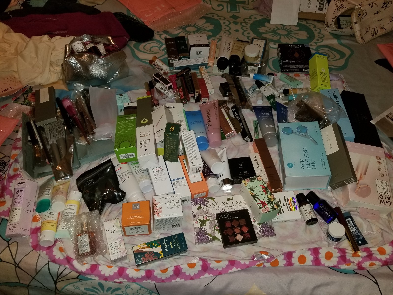 An assortment of makeup and skincare items.