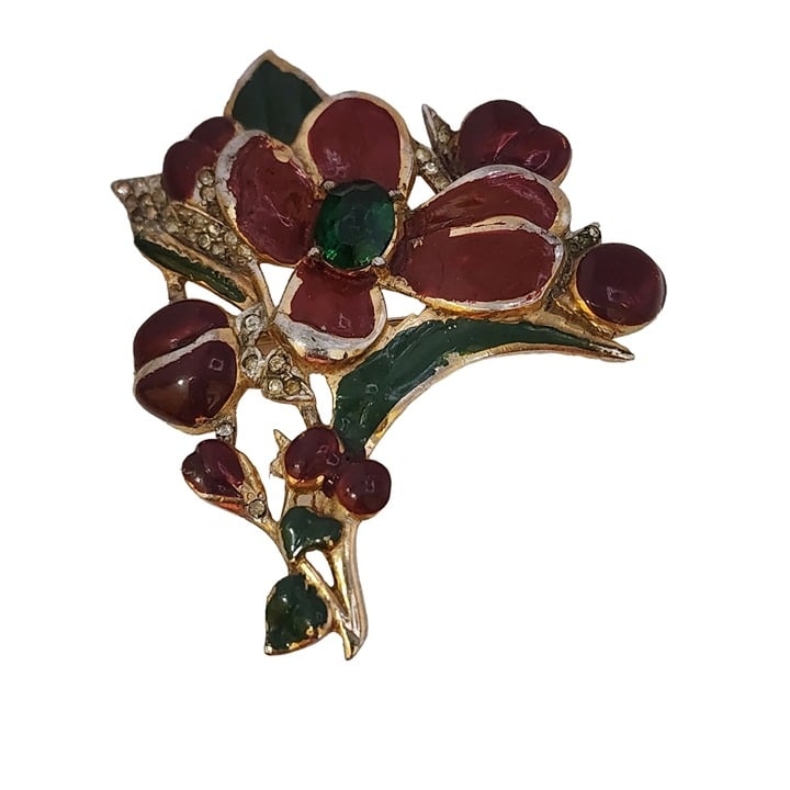 Vintage Enamel & Glass Pave Rhinestone Floral Brooch (A3656)