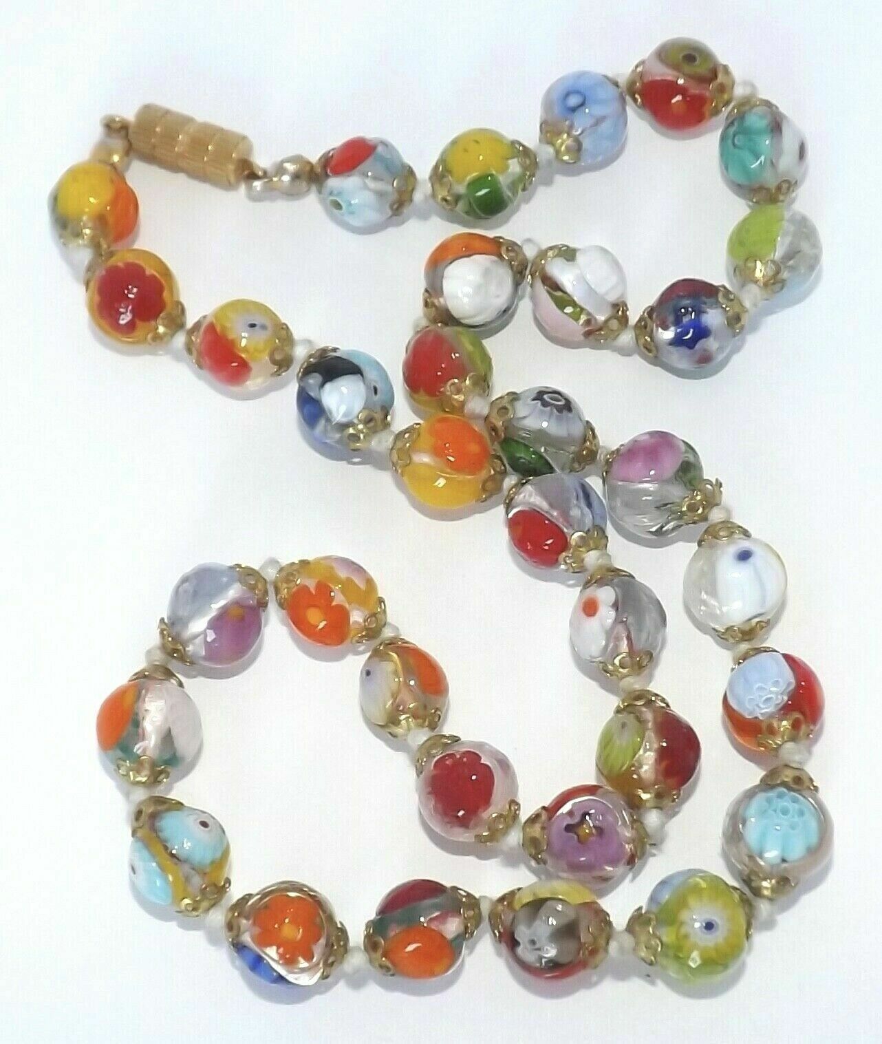 Millefiori Venetian Art Glass Necklace Clear Beads Knotted Barrel Clasp 17