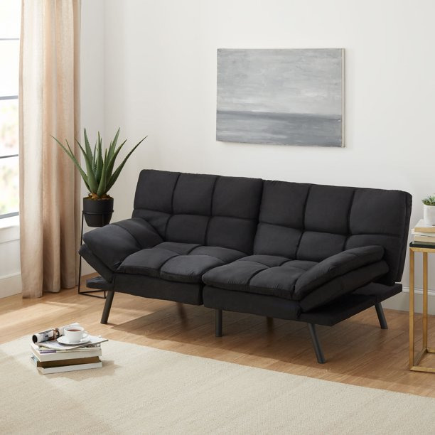 Memory Foam Futon, Black Faux Suede Fabric, 72''