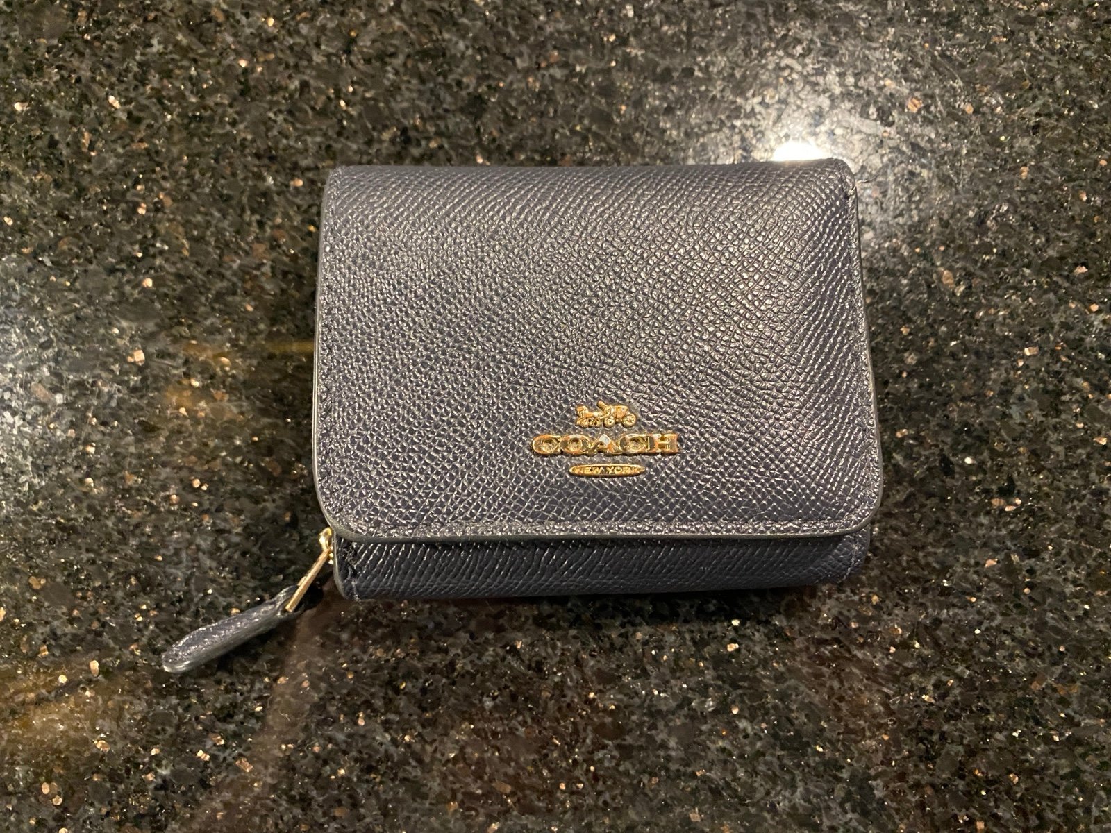 Coach Trifold Wallet Navy Blue Crossgrain Leather 4” W 3.5” H 1.5” D