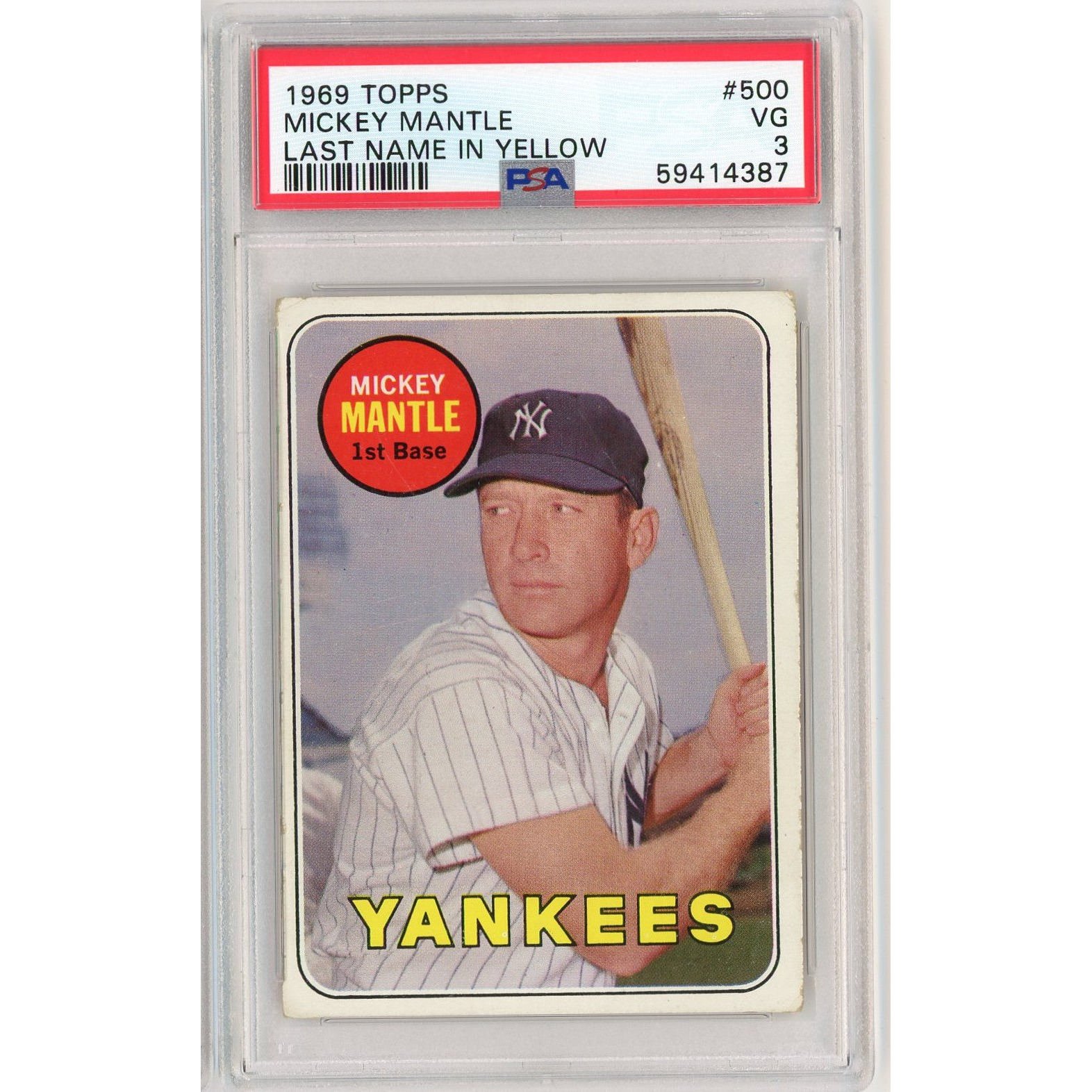 Graded 1969 Topps Mickey Mantle #500 Last Name in Yellow Card PSA 3 Very Good