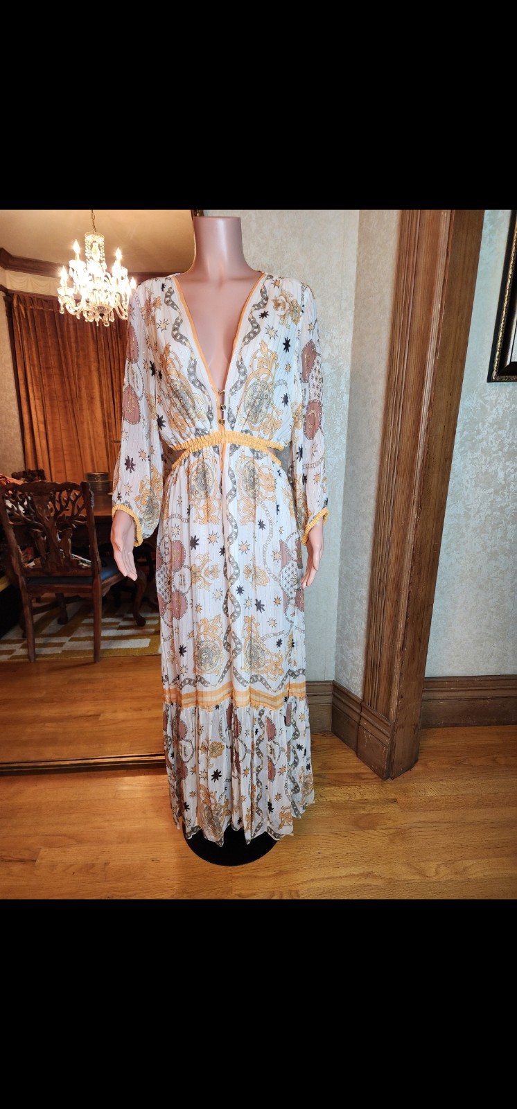 NWT $715 Sandro Valldemossa Metallic Scarf Print Maxi Dress 40