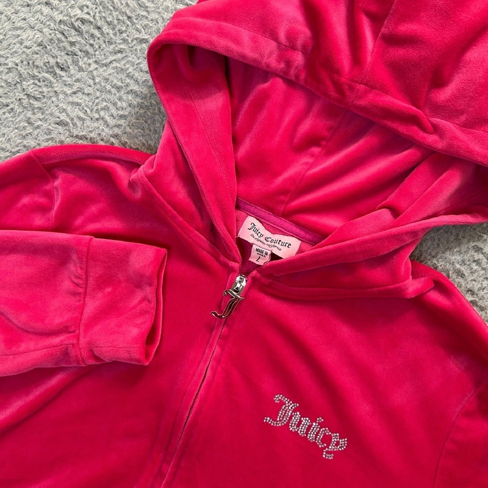 Juicy Couture Velour Hoodie Womens Large Hot Pink Full Zip Rhinestone Logo Y2K