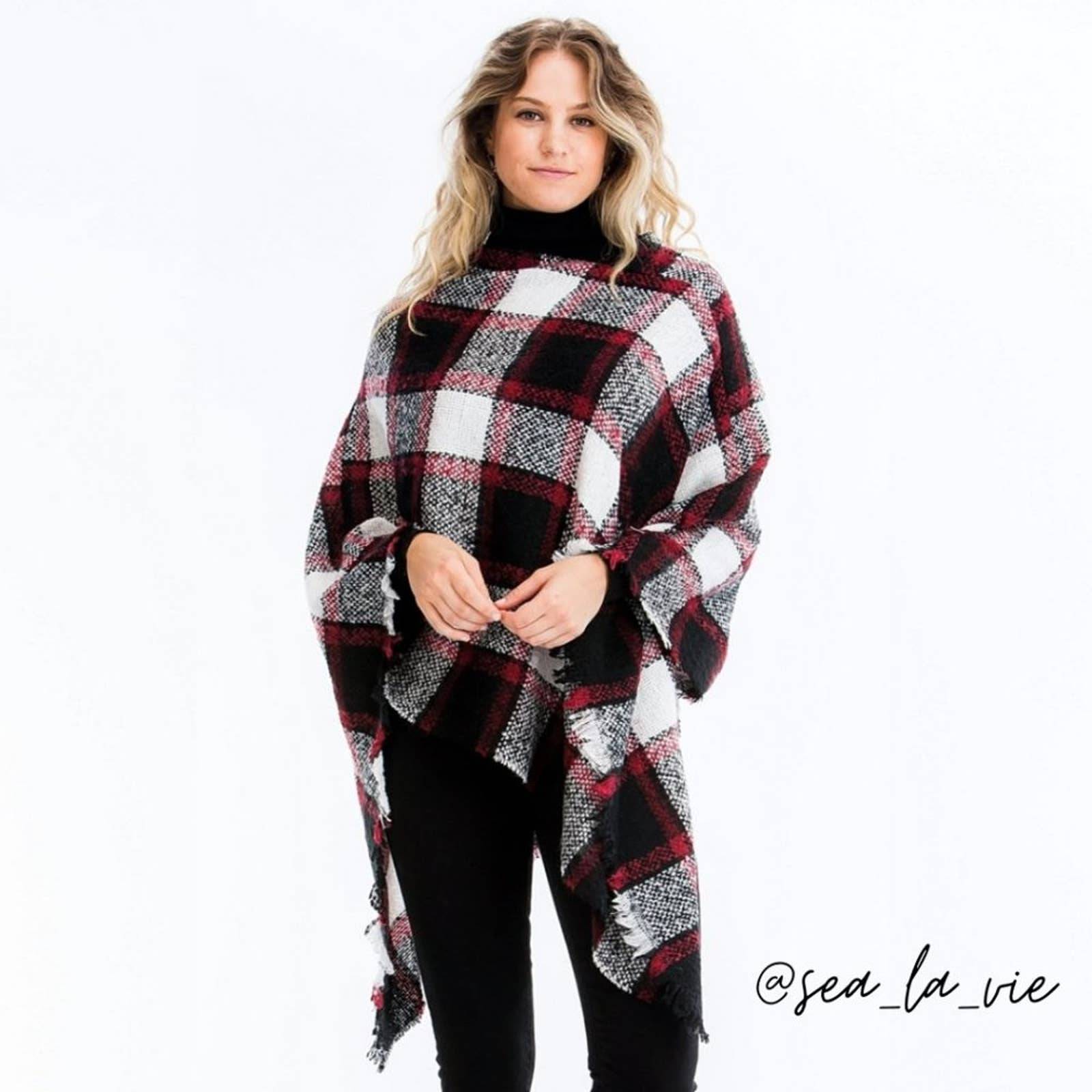 Plaid Fringed Blanket Poncho Sweater