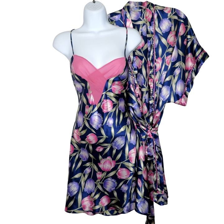 Vintage Peignoir Set Knee Length Satin Blue Floral Slip Gown Robe Large USA Made