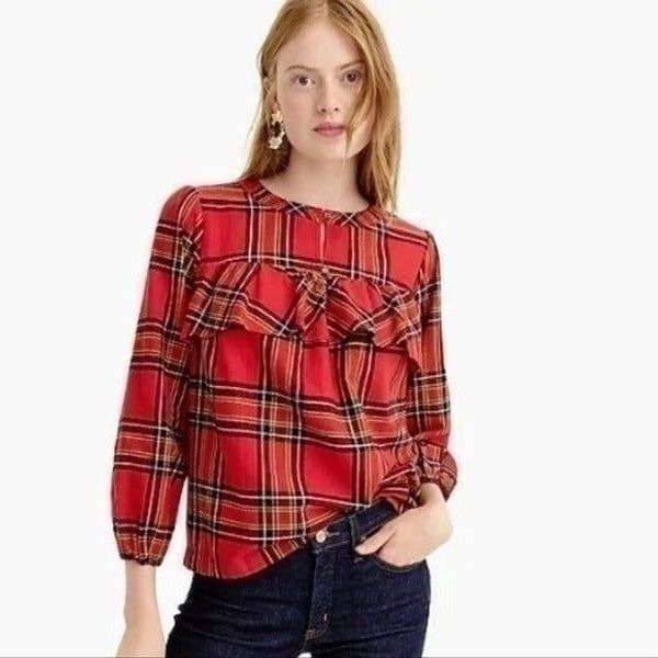 J. Crew Red Flannel Ruffled Top in Festival Red Plaid Small