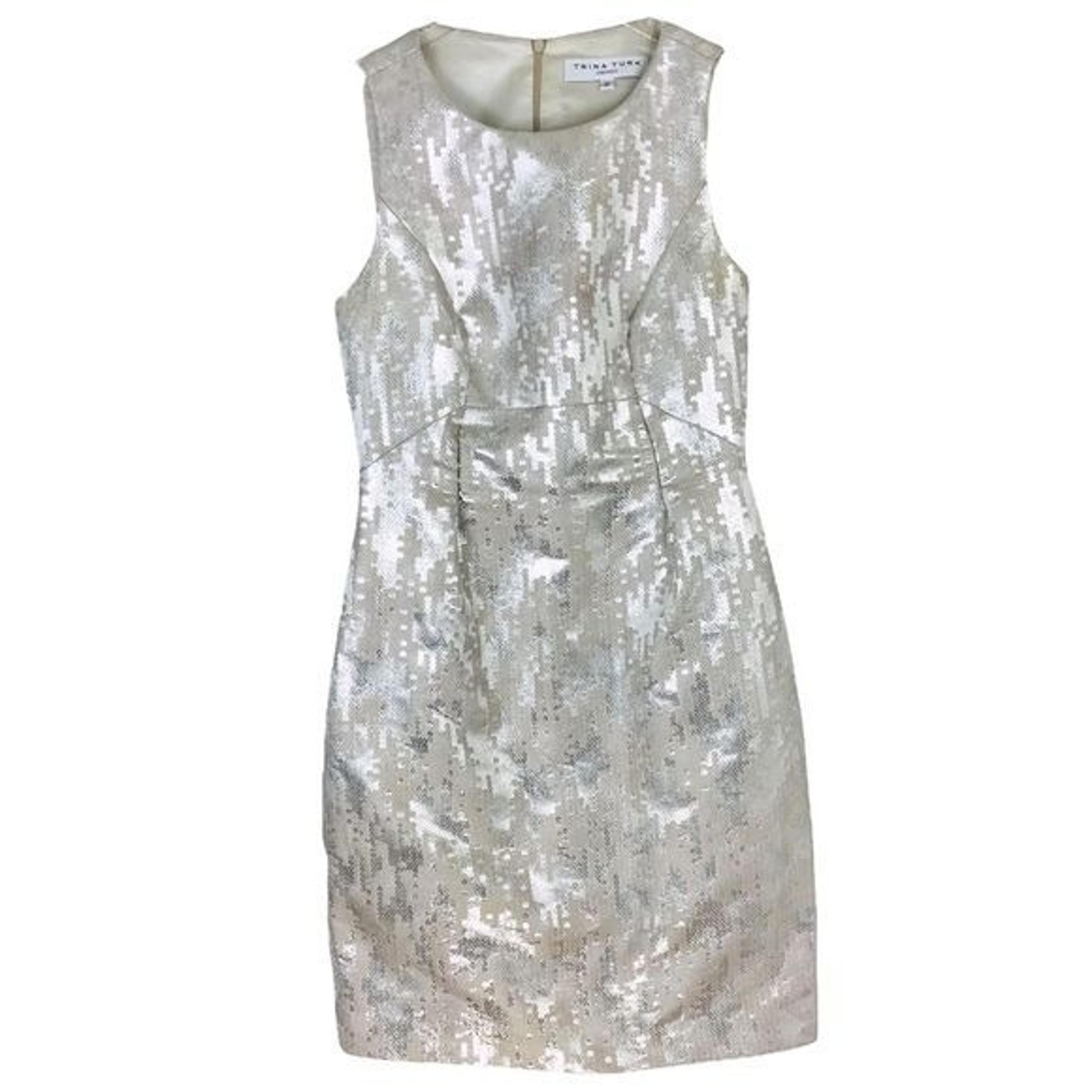 TRINA TURK Silver Metallic Sequin Print Sheath Dress Size 2