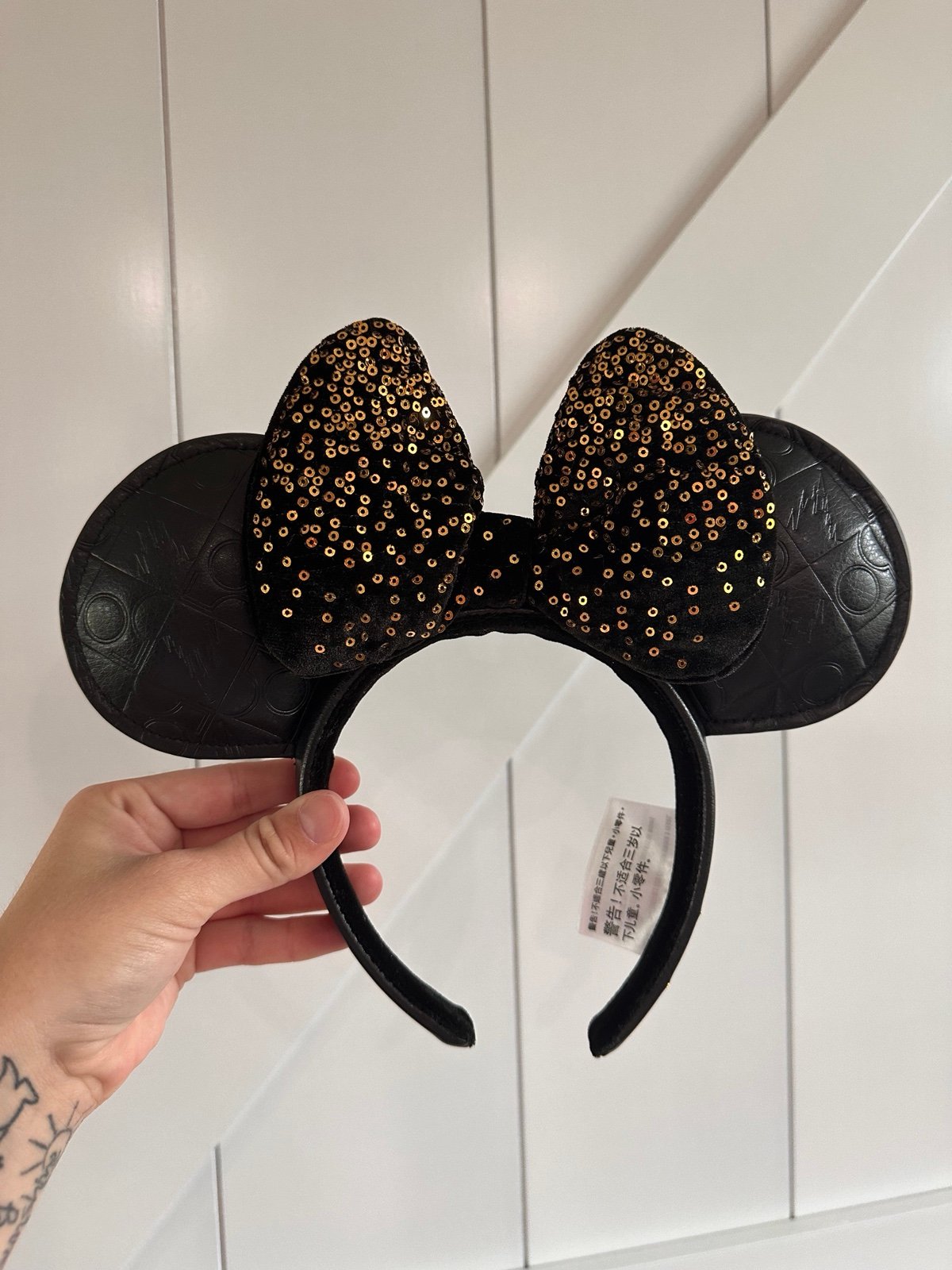 Disney World 50th Anniversary Luxe Minnie Ears Headband Black Gold Faux Leather