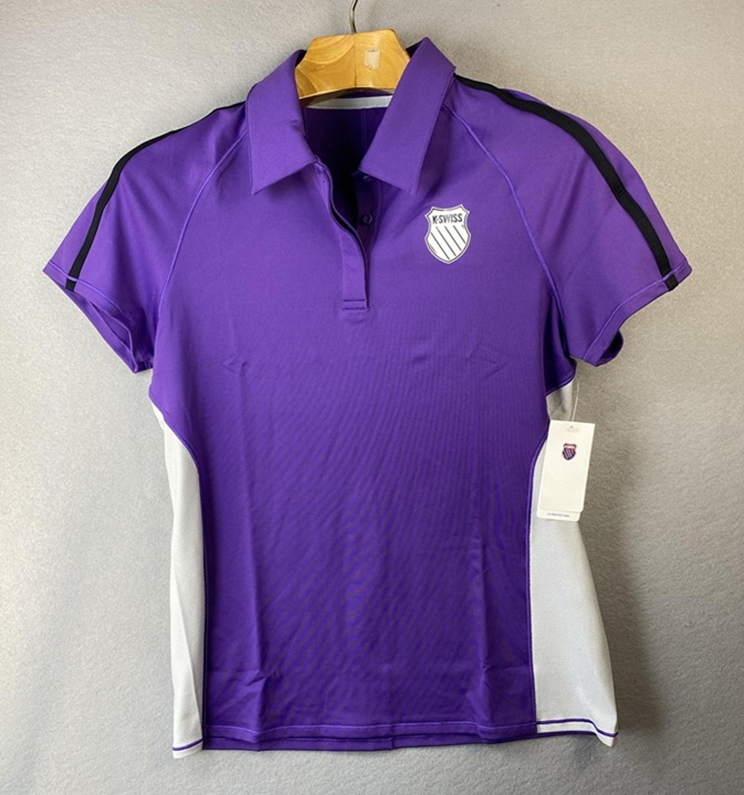 K-Swiss Purple White Polo Shirt Women's L Tee, Cap Sleeve Top Casual Sports NWT