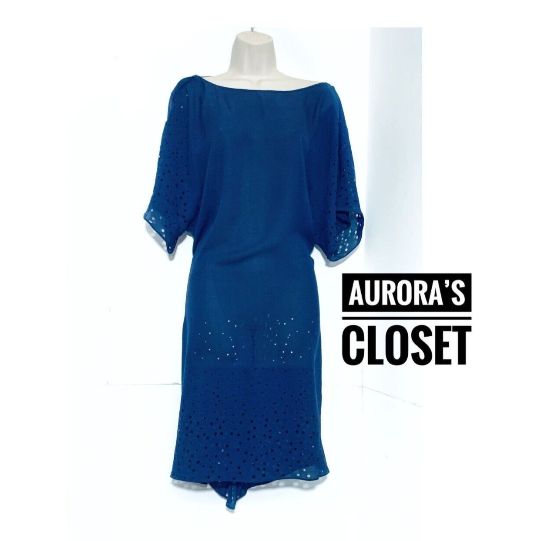 Elizabeth & James M Blue Silk Shift Dress Knee Eyelet Back Cowl Bustle 325