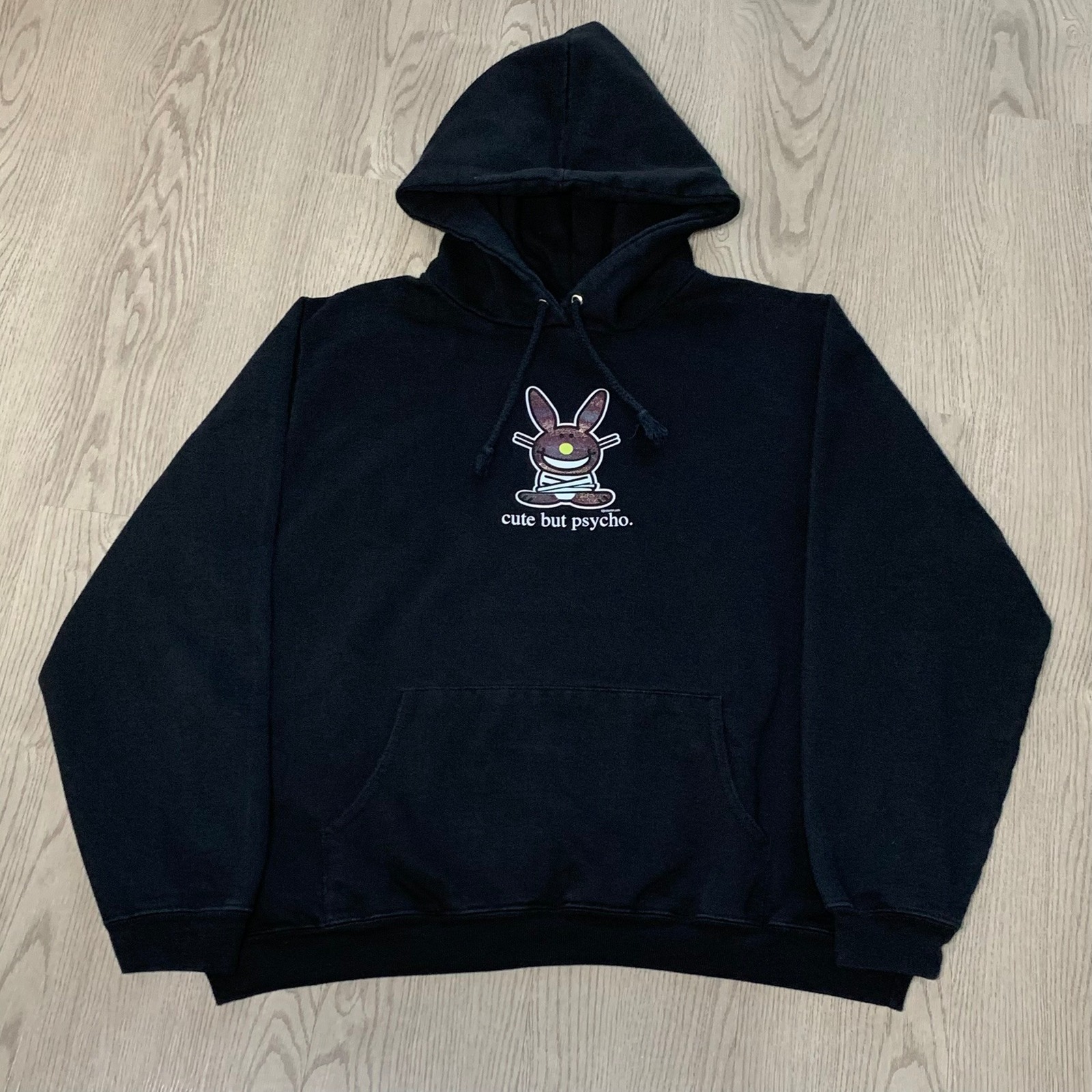 Vintage Jim Benton Bunny Cute But Psycho Black Pullover Hoodie Glitter XL Y2K