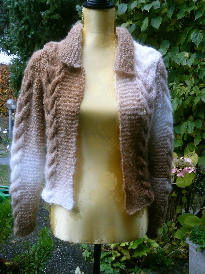 Brown-white knit jacket, with mohair, size 36-38 (S), UK 10-12, US 8-10 meineStr