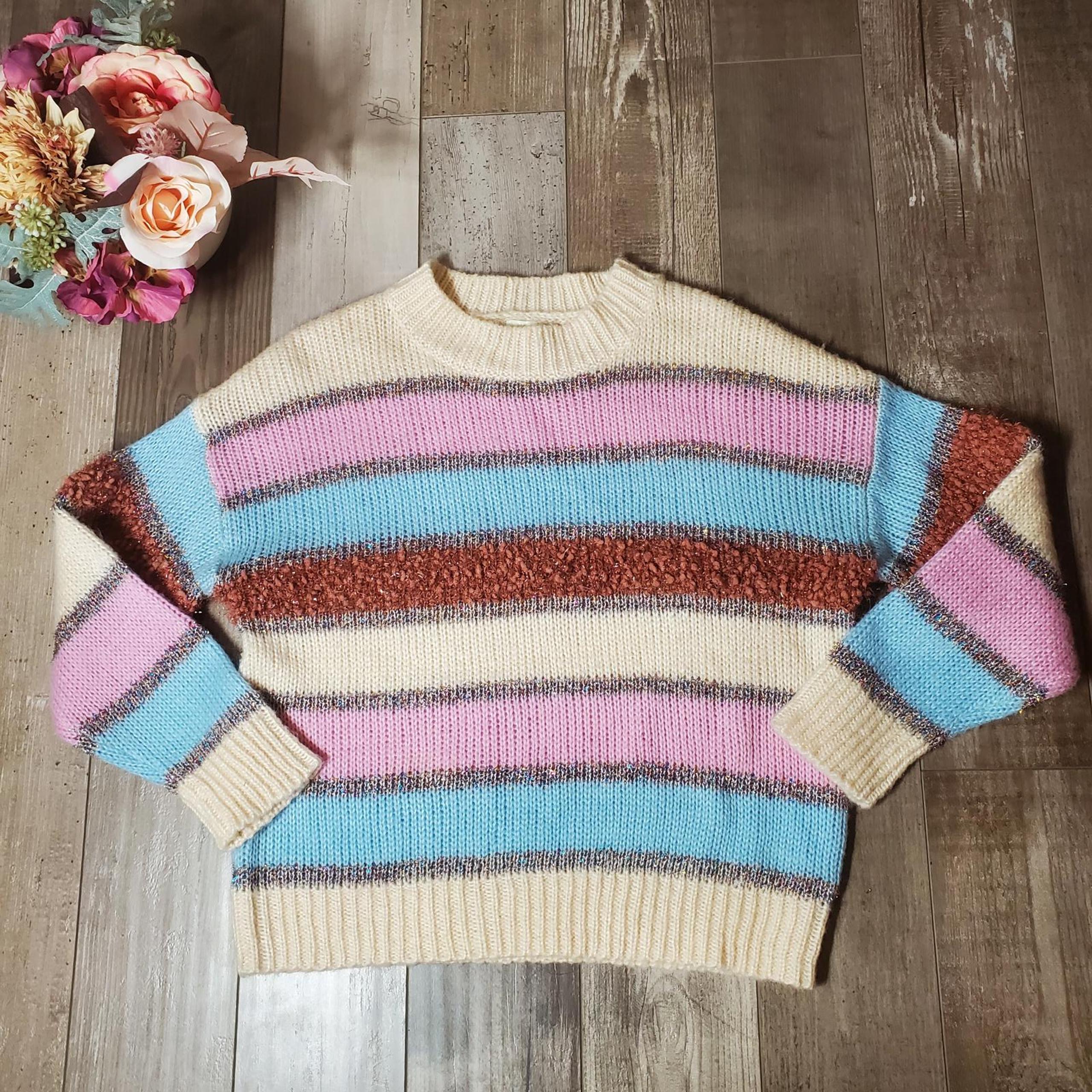 Cotton Emporium Nordstrom Pastel Stripes Christmas Tinsel Sweater XS