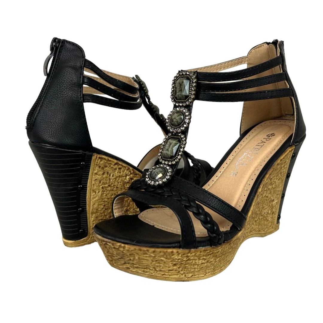 Patrizia by Spring Step Jeweled Wedge Sandals Women's 5.5 NWOB Black Platform