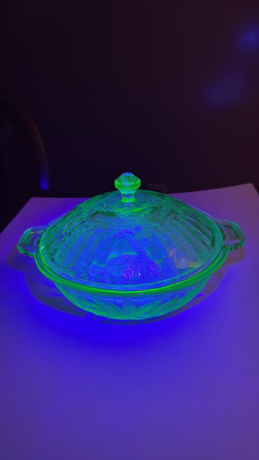 Jeannette Uranium Green Glass Poinsettia Bowl with Handles & Lid 8”